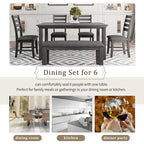 6 PCS Dining Room Table and Chairs with Bench, Rustic Wood Dining Set for 6