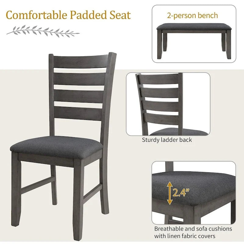 6 PCS Dining Room Table and Chairs with Bench, Rustic Wood Dining Set for 6