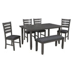 6 PCS Dining Room Table and Chairs with Bench, Rustic Wood Dining Set for 6