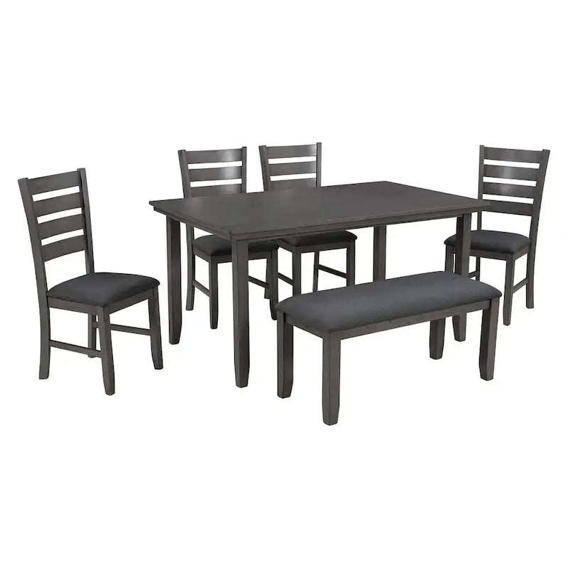 6 PCS Dining Room Table and Chairs with Bench, Rustic Wood Dining Set for 6