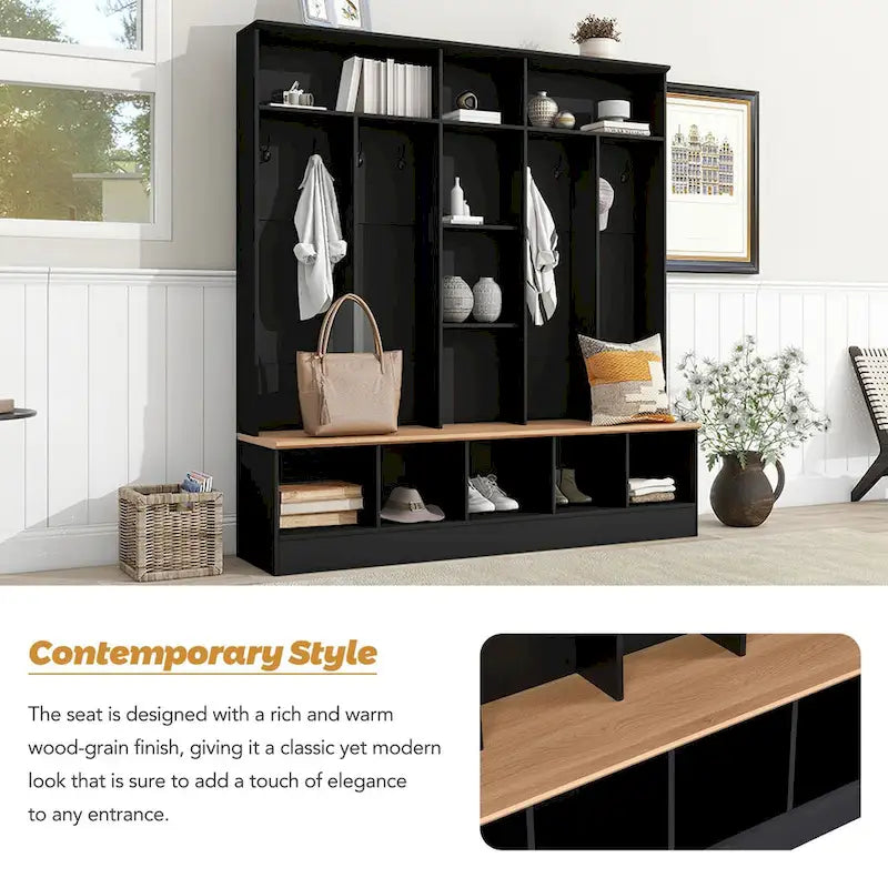 Wide Design Hall Tree with Storage Bench,Multifunctional Coat Rack with 8 Hooks for Entryways, Mudroom