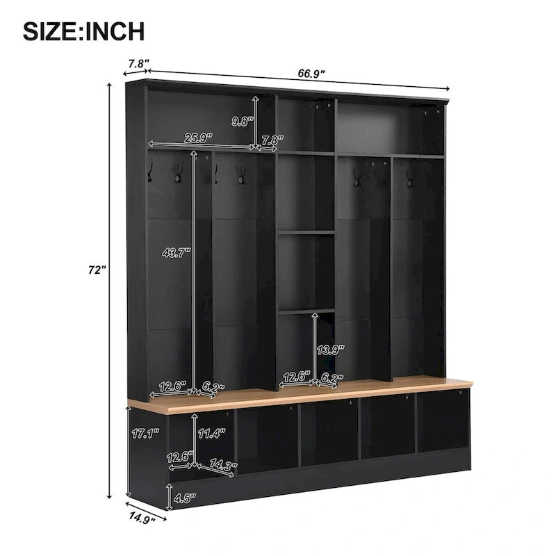 Wide Design Hall Tree with Storage Bench,Multifunctional Coat Rack with 8 Hooks for Entryways, Mudroom