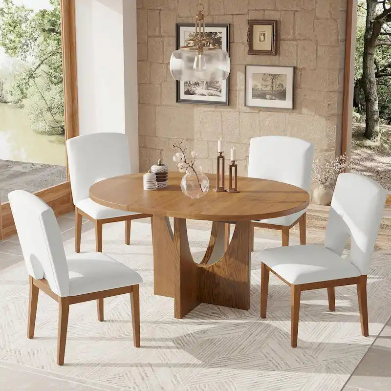 Modern 5-Piece Round Dining Set with 16.2 Removable Leaf