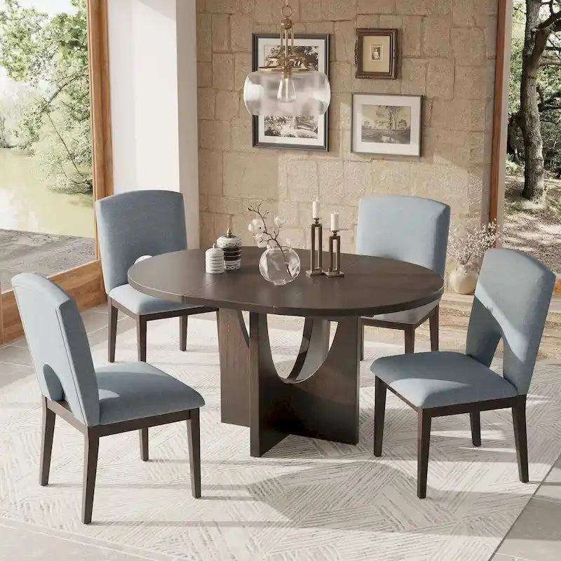 Modern 5-Piece Round Dining Set with 16.2 Removable Leaf