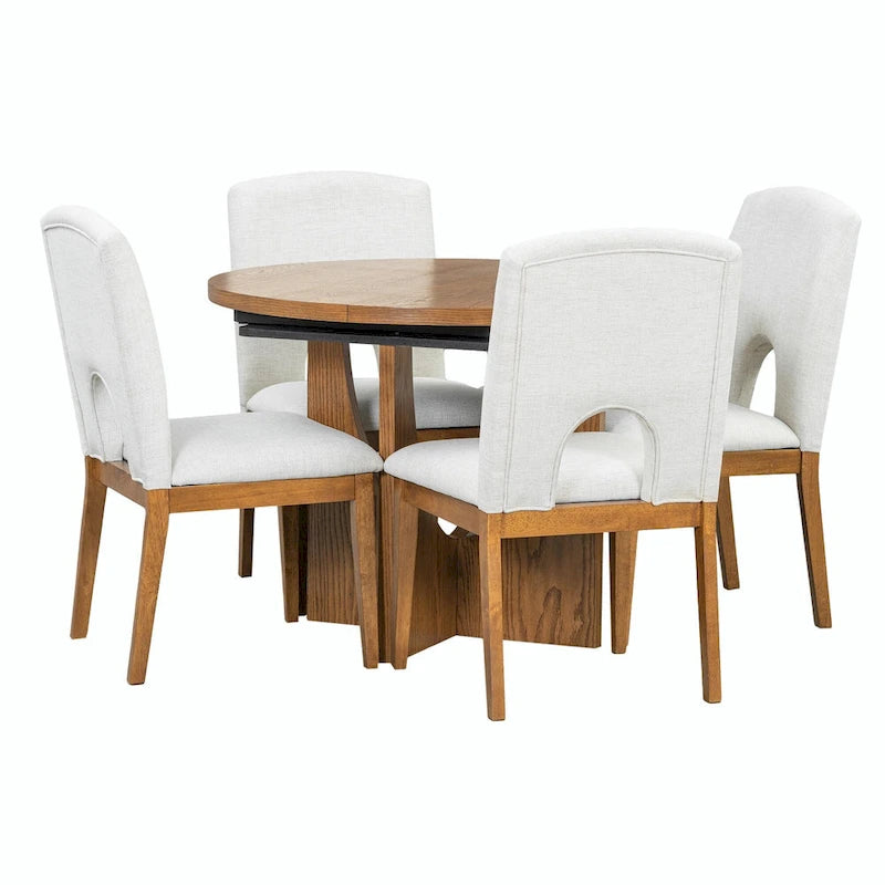 Modern 5-Piece Round Dining Set with 16.2 Removable Leaf