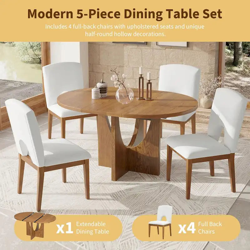 Modern 5-Piece Round Dining Set with 16.2 Removable Leaf