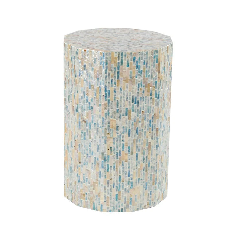 Mother of Pearl Shell Handmade Mosaic Inlay Drum Side End Accent Table - Blue - Roche River Decor
