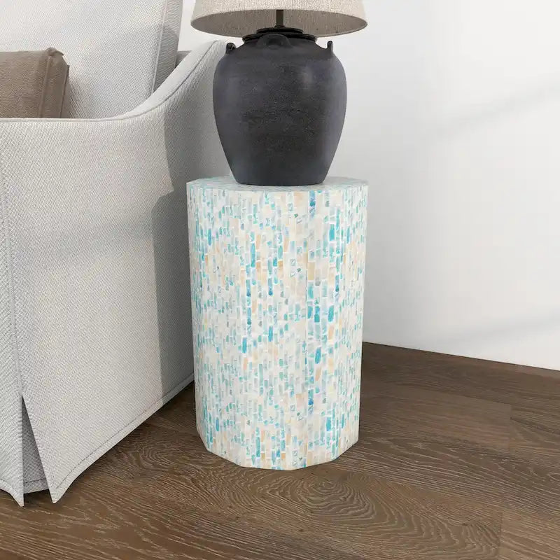 Mother of Pearl Shell Handmade Mosaic Inlay Drum Side End Accent Table - Blue - Roche River Decor