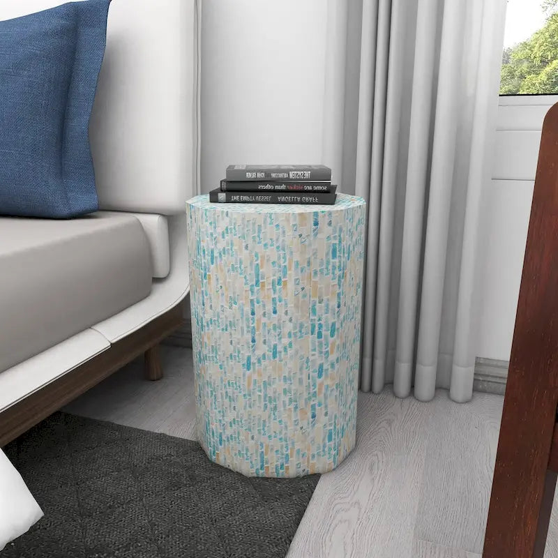 Mother of Pearl Shell Handmade Mosaic Inlay Drum Side End Accent Table - Blue - Roche River Decor