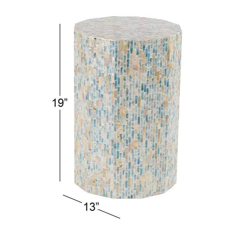 Mother of Pearl Shell Handmade Mosaic Inlay Drum Side End Accent Table - Blue - Roche River Decor