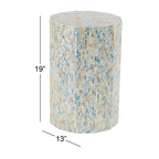 Mother of Pearl Shell Handmade Mosaic Inlay Drum Side End Accent Table - Blue - Roche River Decor